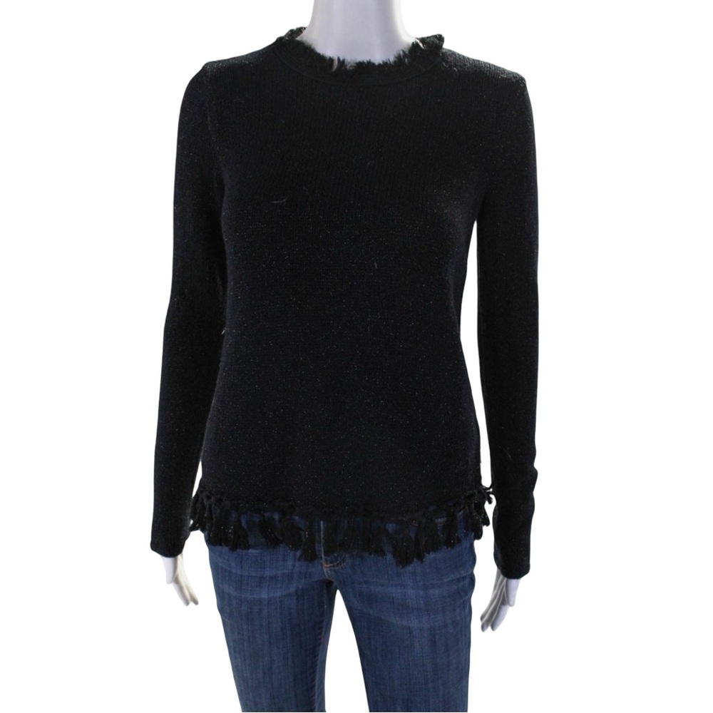 J.McLaughlin Black Metallic Pullover Fringe Detail Crewneck Cotton Blend Sweater